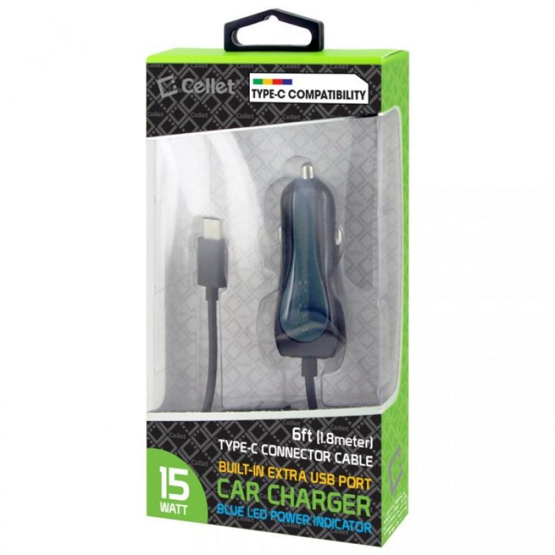 Cellet High Powered 3 Amp / 15 Watt Type-C USB Car Charger with Extra USB Port Rapid Charging 1