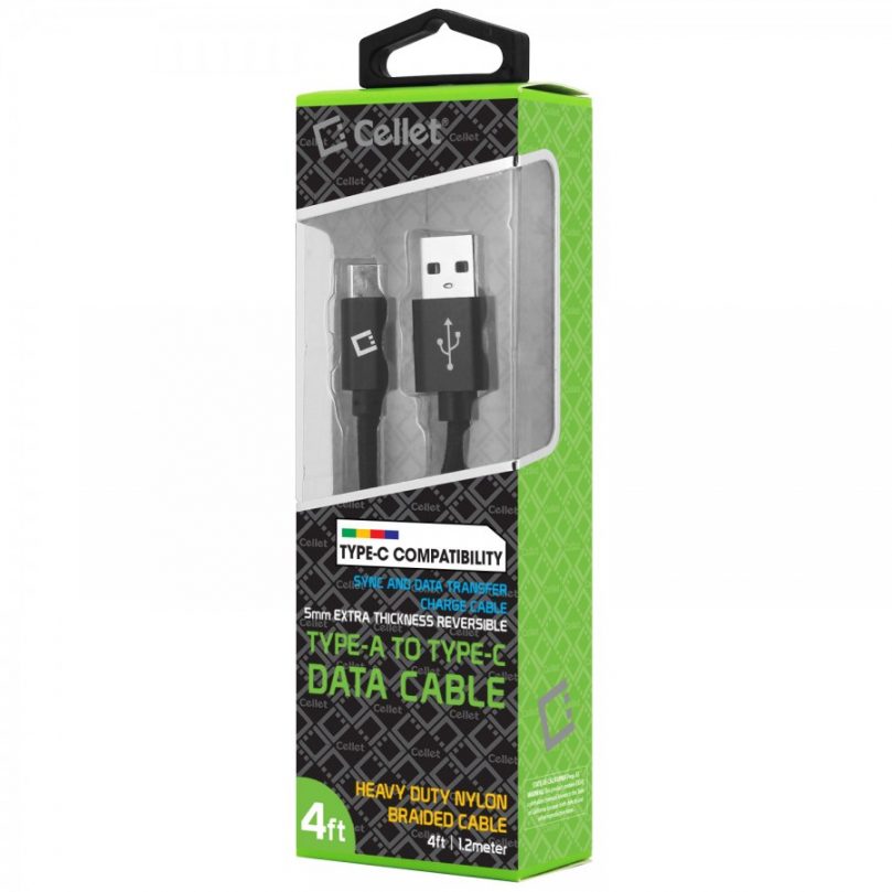 USB Type C Data Cable, Cellet 4ft (1.2m) Braided USB Type C to USB Type A Data Cable- Black 1