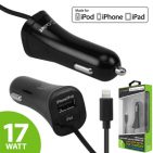 Cellet 3.4Amp 17W 2.4A 1A Apple MFI Certified Lightning 8 Pin Cable with USB Port Car Charger Black