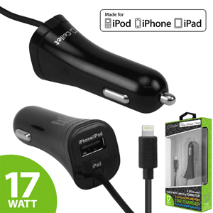 Cellet 3.4Amp 17W 2.4A 1A Apple MFI Certified Lightning 8 Pin Cable with USB Port Car Charger Black 1